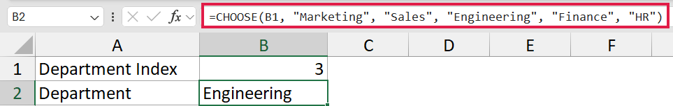 Excel formula bar showing CHOOSE function with index 3 referencing cell B1 to return Engineering in cell B2