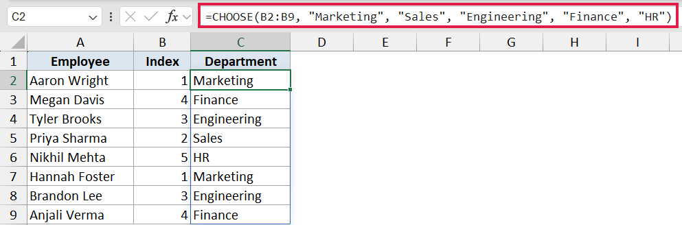 Excel formula bar showing CHOOSE function mapping index numbers in column B to department names in column C