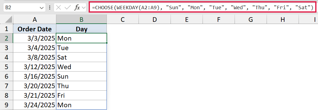 Excel formula bar showing CHOOSE function nested with WEEKDAY to convert dates in column A to day names in column B