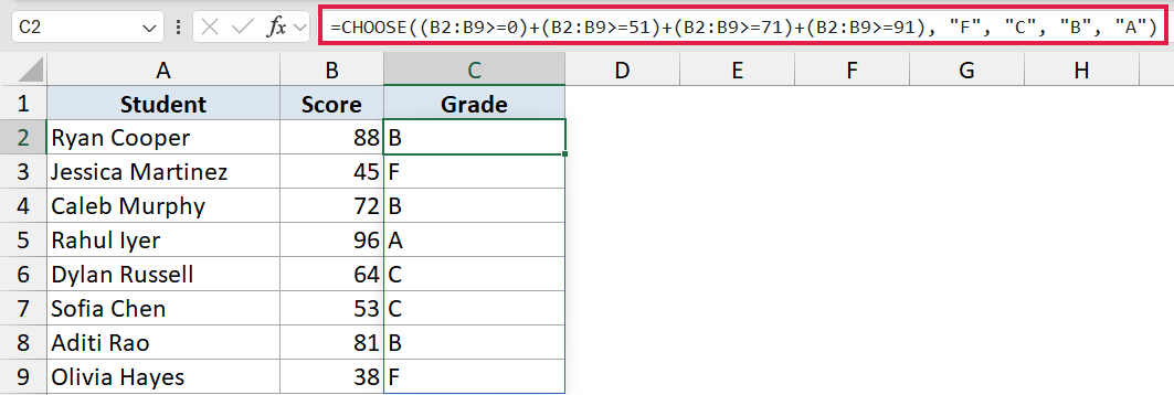 Excel formula bar showing CHOOSE function used to assign letter grades based on student scores in column C