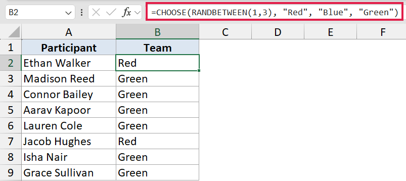 Excel formula bar showing CHOOSE combined with RANDBETWEEN to randomly assign Red, Blue, or Green teams to participants