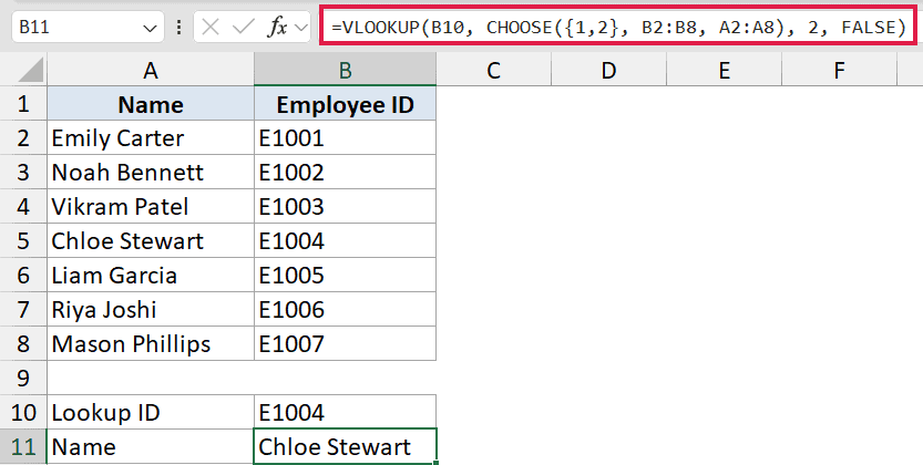 Excel formula bar showing VLOOKUP with CHOOSE function to swap columns for a reverse lookup of employee names by ID