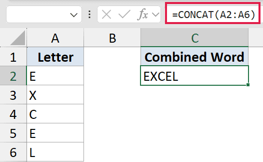 Excel formula bar showing =CONCAT(A2:A6) to join letters in column A into the word EXCEL in cell C2