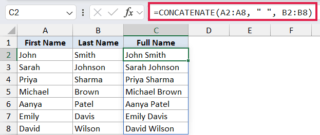 Excel formula bar showing =CONCATENATE(A2:A8, " ", B2:B8) to combine first and last names in column C