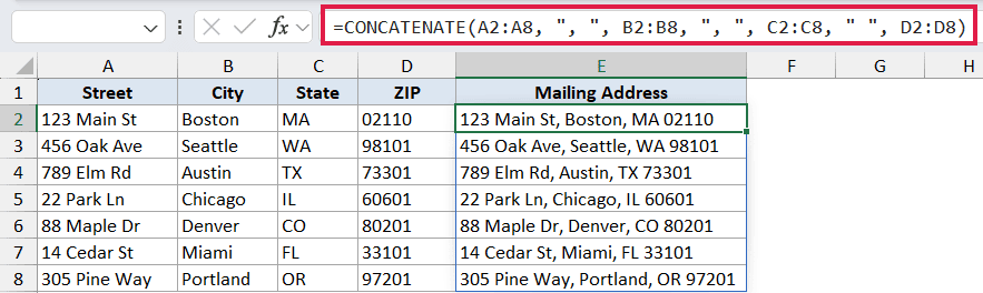 Excel formula bar showing CONCATENATE function combining street, city, state, and ZIP code into a mailing address column