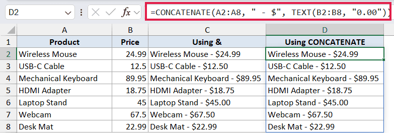 Excel formula bar showing CONCATENATE combining product names and formatted prices into a single text string in column D