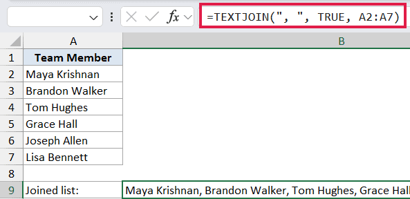 Excel formula bar showing TEXTJOIN function with a comma delimiter to combine a list of names from cells A2 to A7
