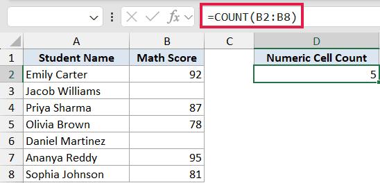 Excel formula bar showing =COUNT(B2:B8) to count numeric math scores in a student list, resulting in a value of 5