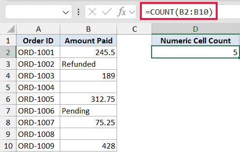 Excel formula bar showing =COUNT(B2:B10) with the result 5 displayed in cell D2 for a column of mixed data types