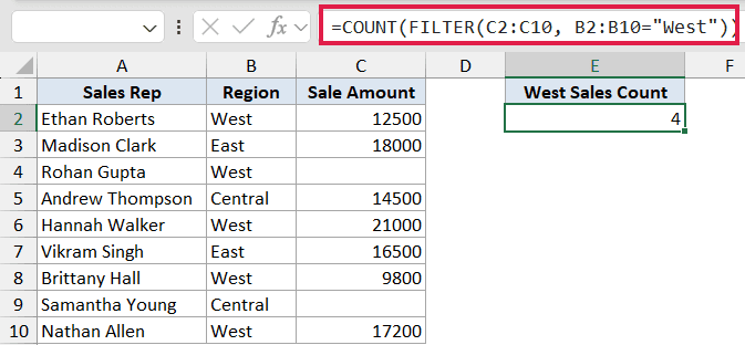 Excel formula =COUNT(FILTER(C2:C10, B2:B10="West")) returning 4 in cell E2 to count West region sales amounts