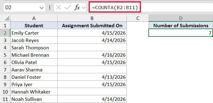 Excel formula bar showing =COUNTA(B2:B11) to count non-empty submission dates in a student assignment table