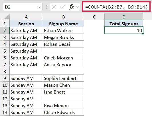 Excel formula bar showing COUNTA function counting non-empty cells across two separate ranges B2:B7 and B9:B14