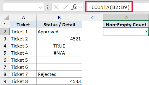 Excel formula bar showing =COUNTA(B2:B9) with result 7 in cell D2, counting non-empty cells in column B