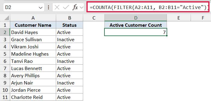 Excel formula bar showing COUNTA combined with FILTER to count active customers in a list, resulting in 7