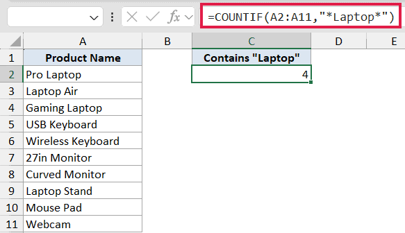 COUNTIF formula using wildcards to count cells in range A2:A11 containing the text Laptop, returning a result of 4