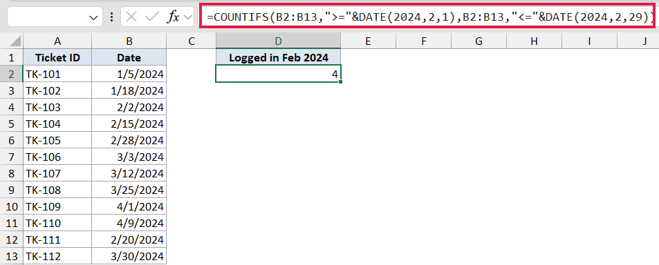 Excel formula bar showing COUNTIFS to count dates in February 2024, with the result 4 displayed in cell D2