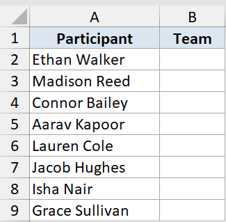 Excel table showing a list of participants in column A and an empty Team column B for CHOOSE function example 5