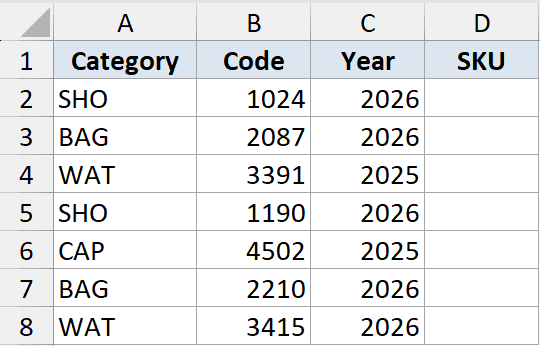 Excel dataset with Category, Code, and Year columns, plus an empty SKU column ready for CONCAT function results