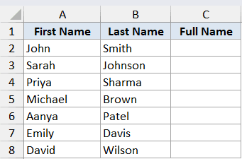 Excel table with First Name in column A, Last Name in column B, and an empty Full Name column C for CONCATENATE data