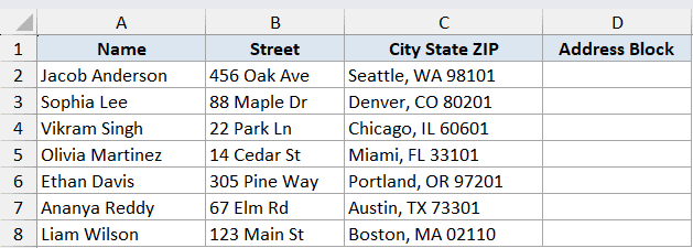 Concatenate Function Dataset Example 4 showing a table with Name, Street, and City State ZIP columns for address formatting