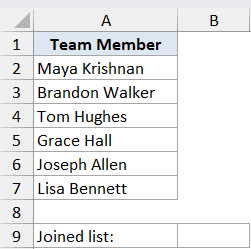 Excel dataset with a list of team member names in column A and a label for a joined list in cell A9