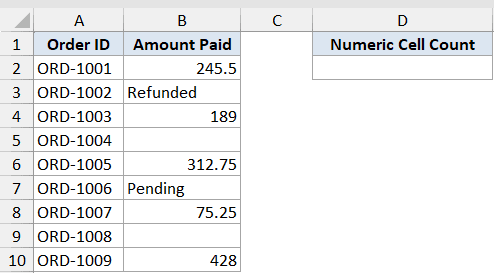 Excel dataset showing Order IDs and Amount Paid with mixed numeric and text values for COUNT function example 3