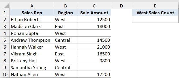 Excel dataset with Sales Rep, Region, and Sale Amount columns, plus an empty West Sales Count cell for calculation
