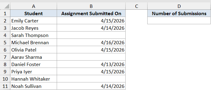 Counta Function Dataset Example 1 showing a student assignment list with some empty date cells in column B
