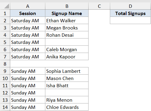 Excel dataset with Session and Signup Name columns containing empty cells for COUNTA function example