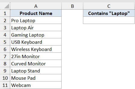 Excel dataset showing a list of products in column A and a header for counting items containing the word Laptop in cell C1