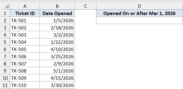 Excel dataset showing Ticket IDs and dates, with a header for counting tickets opened on or after March 1, 2026