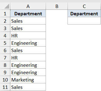 Excel dataset showing a list of departments in column A and an empty cell in column C for a COUNTIF function example