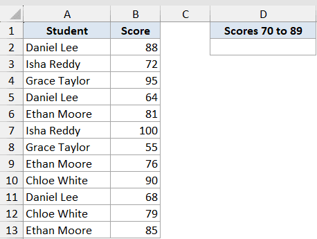Excel dataset with student names and scores, plus a header for counting scores between 70 and 89