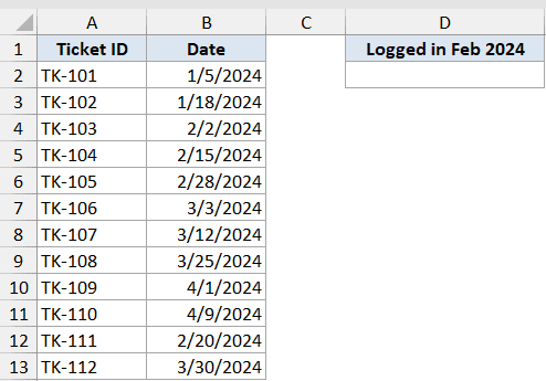 Excel dataset with Ticket ID and Date columns, showing a target cell for counting entries logged in February 2024