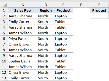 Excel dataset with columns for Sales Rep, Region, and Product, plus an empty cell for Product criteria in column E
