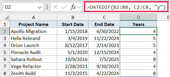 Excel formula bar showing DATEDIF function with the Y unit to calculate years between start and end date columns