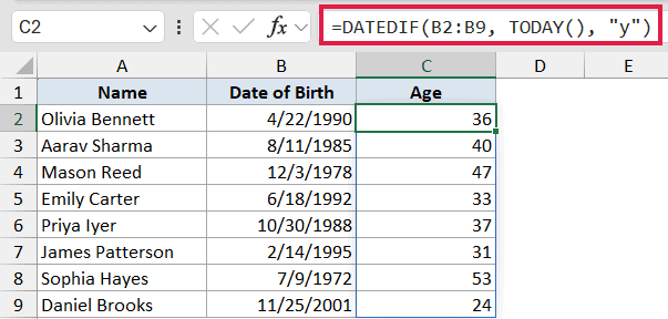 Excel formula bar showing DATEDIF function calculating age in years from a list of birth dates in column B