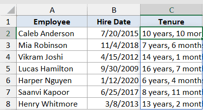 Excel table showing employee tenure in years and months calculated using the DATEDIF formula for a list of names