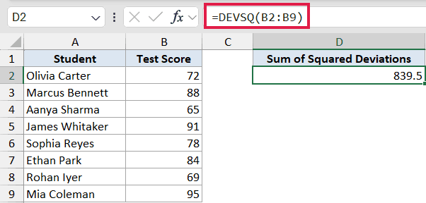 Excel formula bar showing =DEVSQ(B2:B9) calculating the sum of squared deviations for test scores in cells B2 through B9