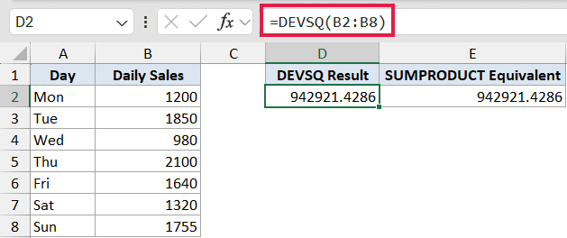 Excel formula bar showing =DEVSQ(B2:B8) with the calculated result 942921.4286 in cell D2