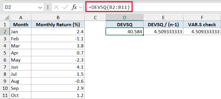 Excel formula bar showing =DEVSQ(B2:B11) with the resulting value 40.584 highlighted in cell D2