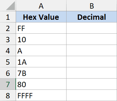 Spreadsheet with column A listing hex values FF, 10, A, 1A, 7B, 80, and FFFF, with empty column B for decimal conversion