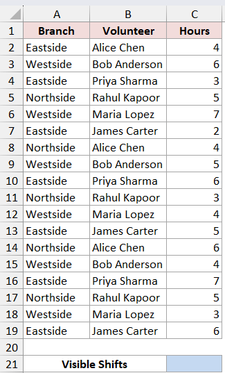 Excel data table showing Branch, Volunteer, and Hours, with a Visible Shifts label to count rows using SUBTOTAL