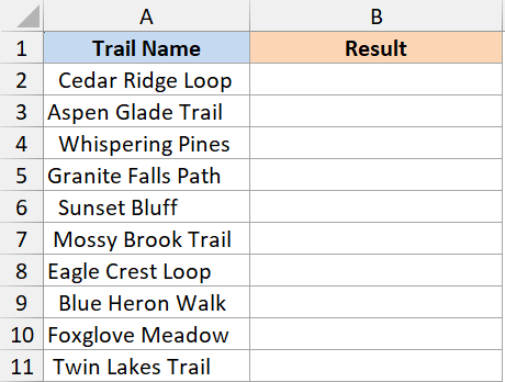 Excel spreadsheet with column A listing trail names and column B titled Result for trimming leading and trailing spaces