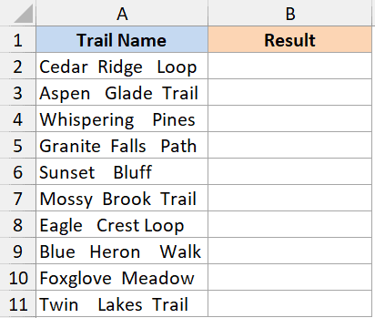 Spreadsheet column showing trail names with double spaces between words, alongside an empty Result column