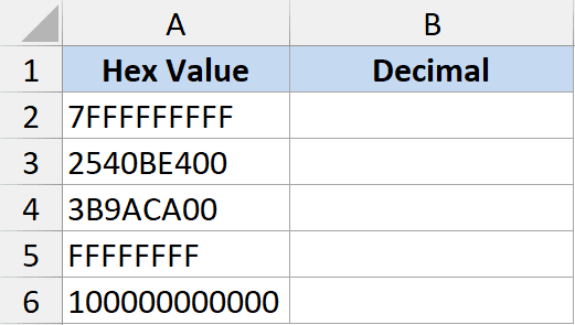 Spreadsheet with column A listing large hex values and column B labeled for decimal conversion