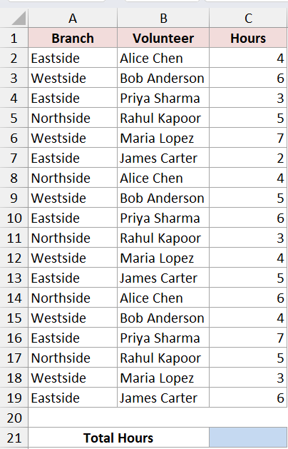 Excel dataset with columns for Branch, Volunteer, and Hours, used to calculate a filtered subtotal for Total Hours