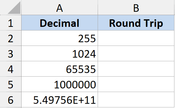 Spreadsheet with Decimal values in column A and empty Round Trip cells in column B for hex conversion testing