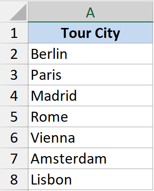 Excel column A containing a vertical list of tour cities from Berlin to Lisbon to be transposed