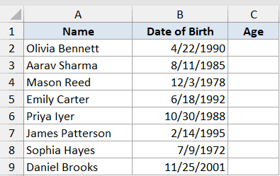 Datedif Function Dataset Example 2 showing an Excel table with columns for Name, Date of Birth, and empty Age cells